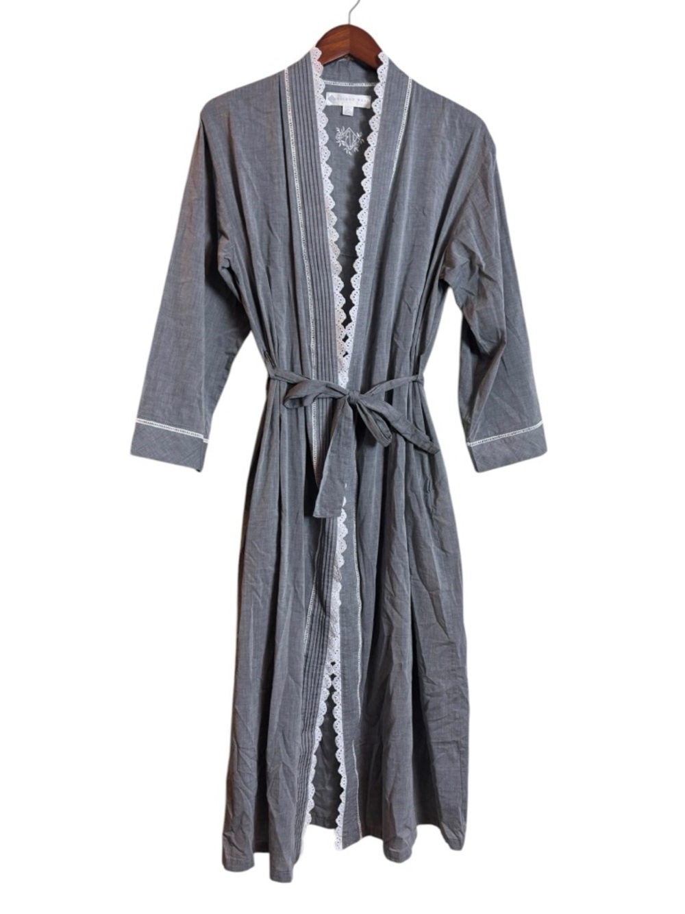 Eileen West Gray Lace-Trim Long Robe
